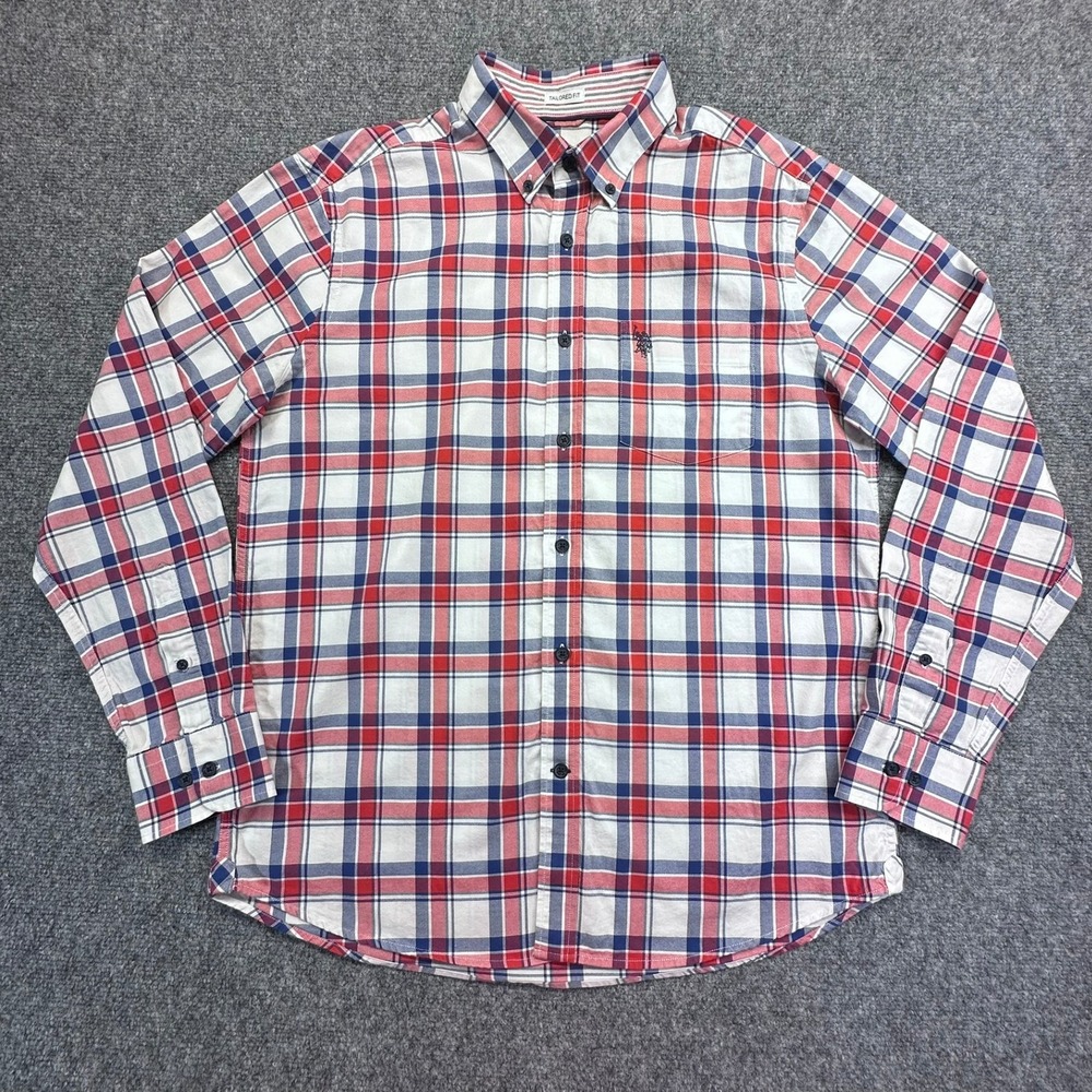 U.S. Polo Assn Shirt Large Red White Blue Plaid Premium Cotton Tailored Fit Exc